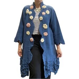 Blue Duster Sweater size Medium  Crocheted Flowers & Beading Lace Open Front